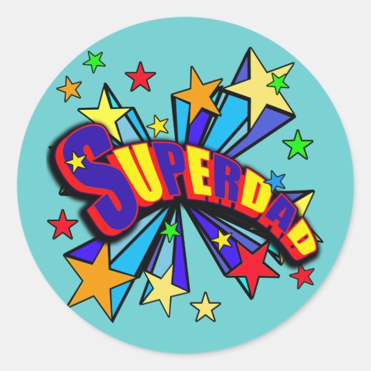 SuperDad! met Sterren en Cartoon Design Ronde Sticker (Voorkant)