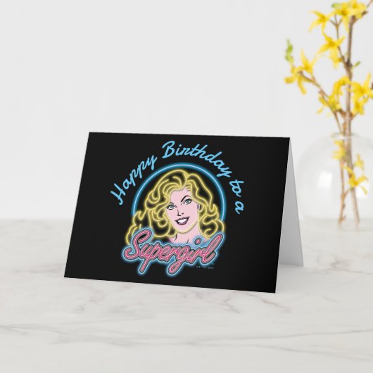 Supergirl Retro Neon Lights Grafisch Kaart (Gele Bloem)