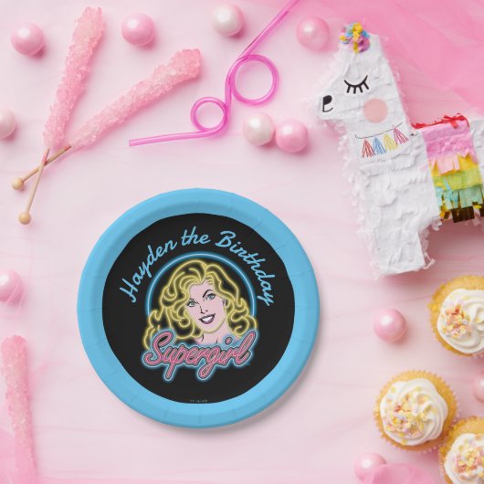 Supergirl Retro Neon Lights Grafisch Papieren Bordje (Feest)
