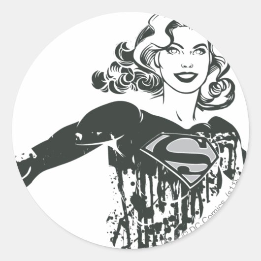 Supergirl zwarte en witte tekening 1 ronde sticker (Voorkant)