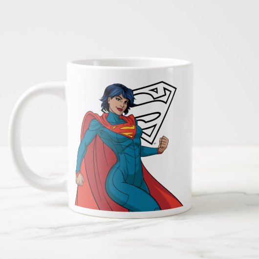 Supergirl zweven in blauw pak grote koffiekop (Links)