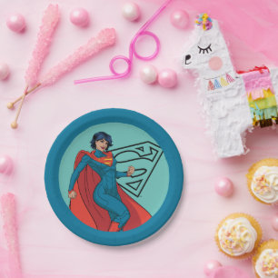 Supergirl zweven in blauw pak papieren bordje