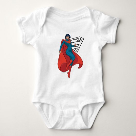 Supergirl zweven in blauw pak romper (Voorkant)