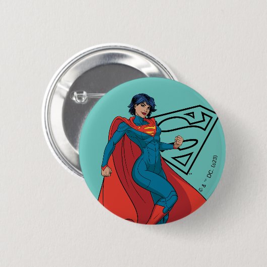 Supergirl zweven in blauw pak ronde button 5,7 cm (Voorkant /achterkant)