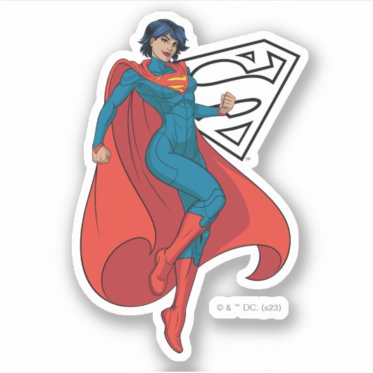Supergirl zweven in blauw pak sticker (Voorkant)