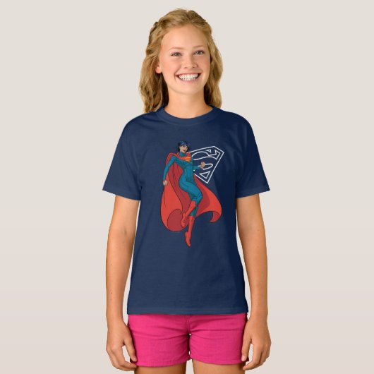 Supergirl zweven in blauw pak t-shirt (Voorkant volledig)