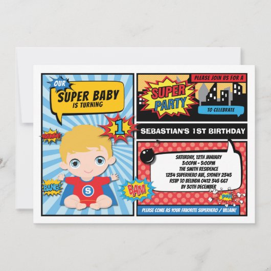 Superheld 1e Verjaardag Party Comics / Blond Haar Kaart (Voorkant)