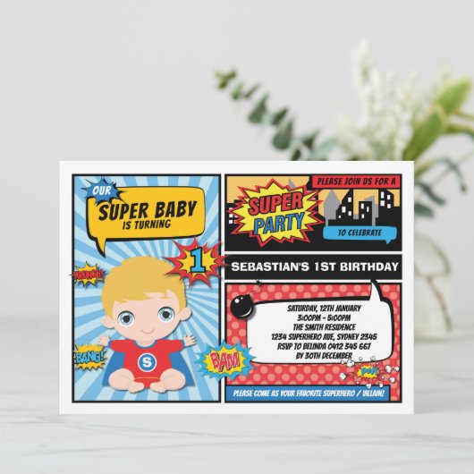 Superheld 1e Verjaardag Party Comics / Blond Haar Kaart (Staand voorkant)