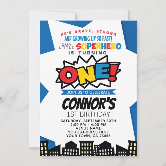Superheld 1e verjaardag Uitnodiging (Voorkant)