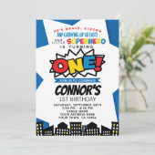 Superheld 1e verjaardag Uitnodiging (Staand voorkant)