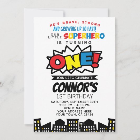 Superheld 1e verjaardag uitnodiging (Voorkant)