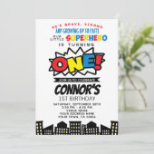 Superheld 1e verjaardag uitnodiging (Staand voorkant)