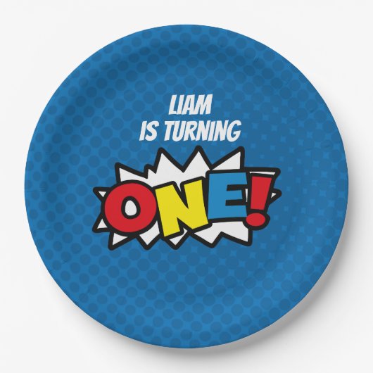 Superheld 1st Birthay, papieren Borden Papieren Bordje (Voorkant)