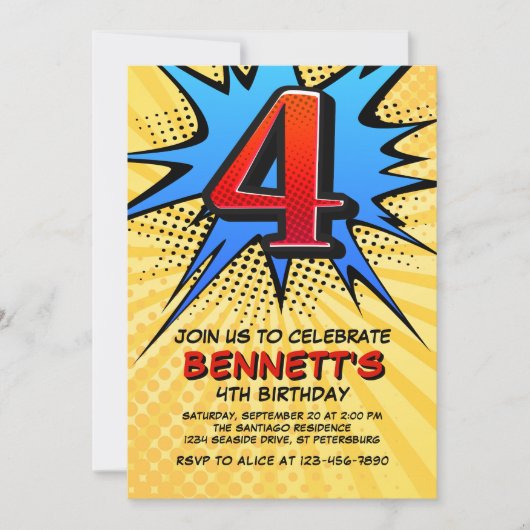 Superheld 4e verjaardag uitnodiging (Voorkant)