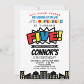 Superheld 5e verjaardag uitnodiging (Voorkant)