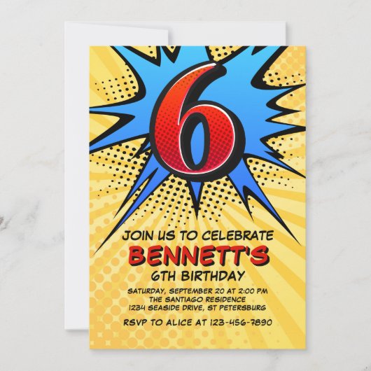 Superheld 6e verjaardag uitnodiging (Voorkant)