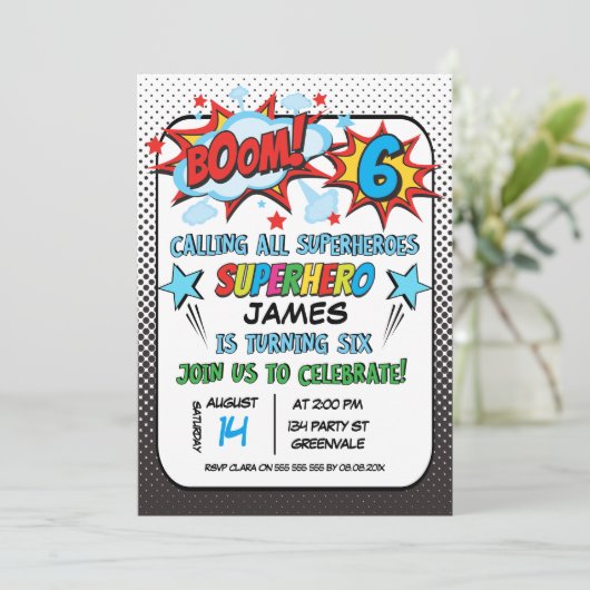 Superheld 6e verjaardag Uitnodiging (Staand voorkant)