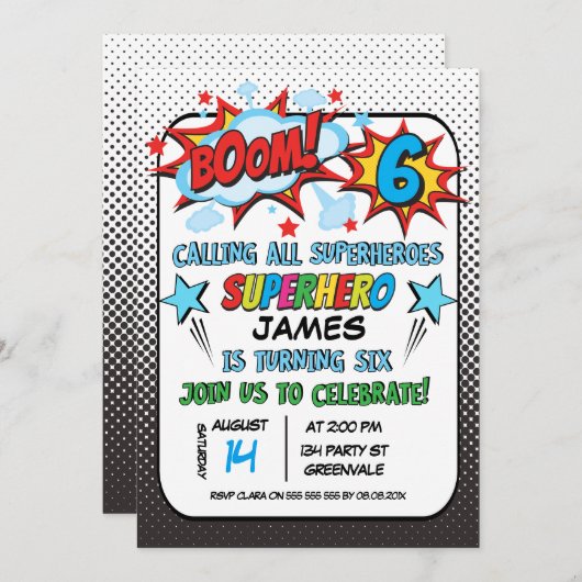 Superheld 6e verjaardag Uitnodiging (Voorkant / Achterkant)