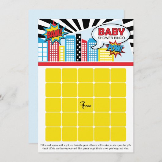Superheld Baby shower Bingo Cards Kaart (Voorkant / Achterkant)