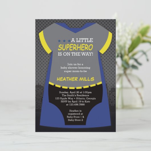 Superheld Baby shower Uitnodiging, Blauw, Zwarte I Kaart (Staand voorkant)