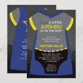 Superheld Baby shower Uitnodiging, Blauw, Zwarte I Kaart (Voorkant / Achterkant)