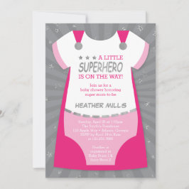 Superheld Baby shower Uitnodiging, Roze, Silver In Kaart