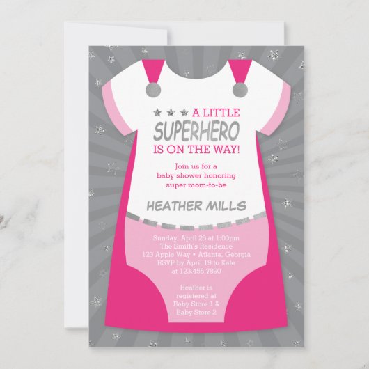 Superheld Baby shower Uitnodiging, Roze, Silver In Kaart (Voorkant)