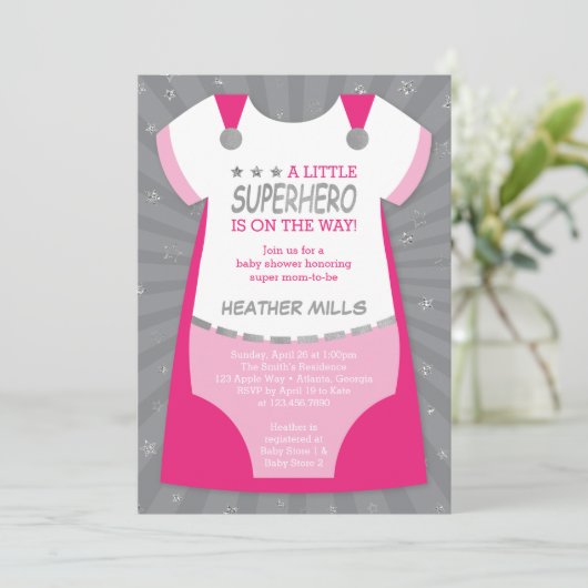 Superheld Baby shower Uitnodiging, Roze, Silver In Kaart (Staand voorkant)