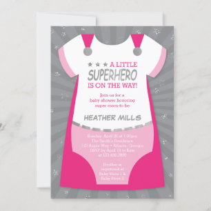 Superheld Baby shower Uitnodiging, Roze, Silver In Kaart