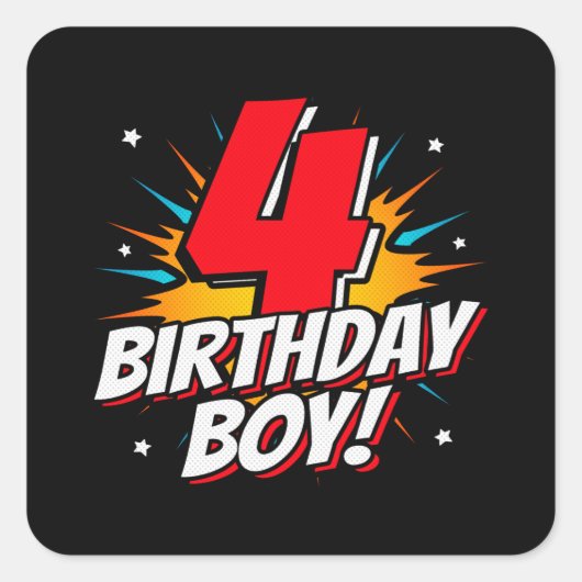 Superheld Birthday Boy - 4 jaar oud - 4de verjaard Vierkante Sticker (Voorkant)