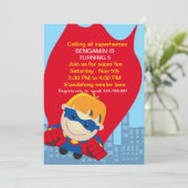 Superheld Birthday Invitation for the super boy bl Kaart (Staand voorkant)