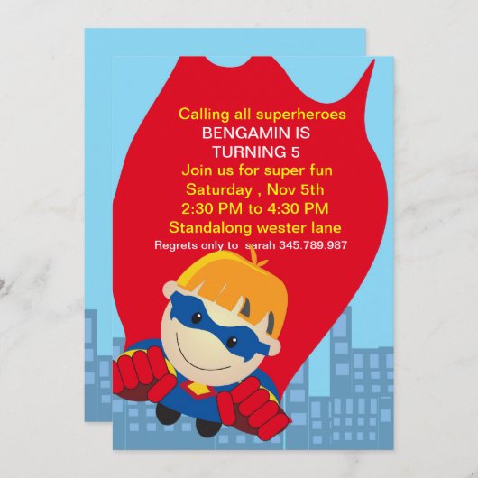 Superheld Birthday Invitation for the super boy bl Kaart (Voorkant / Achterkant)