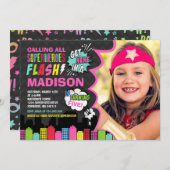 Superheld Birthday Invitation roze Superheld Party Kaart (Voorkant / Achterkant)