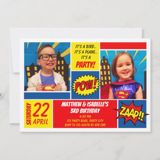 Superheld Birthday Invitation (Twins) Kaart (Voorkant)