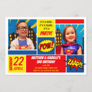 Superheld Birthday Invitation (Twins) Kaart