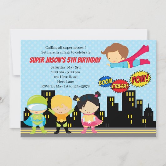 Superheld Birthday Invitations (Cute for Boys) Kaart (Voorkant)