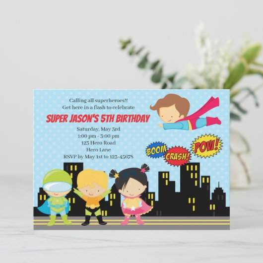 Superheld Birthday Invitations (Cute for Boys) Kaart (Staand voorkant)