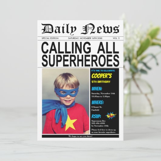 Superheld Birthday Party Hero Boy Girl Foto Kaart (Staand voorkant)