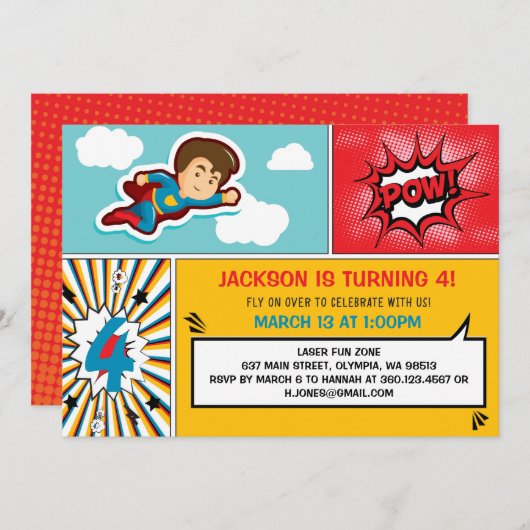 Superheld Birthday Party Invitation - Boy Colors Kaart (Voorkant / Achterkant)