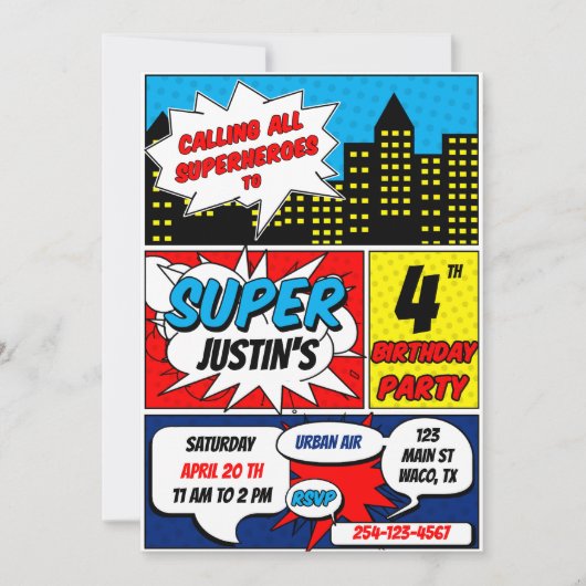 Superheld Birthday Party Invitation Kaart (Voorkant)