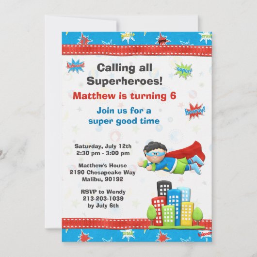 Superheld Birthday Party Invitation Kaart (Voorkant)