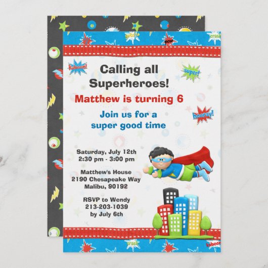 Superheld Birthday Party Invitation Kaart (Voorkant / Achterkant)
