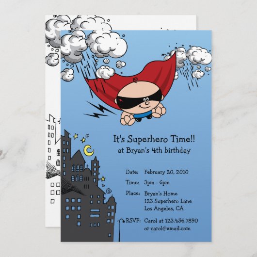 Superheld Birthday Party Invitation Kaart (Voorkant / Achterkant)