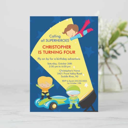 Superheld Birthday Party Invitation Kaart (Staand voorkant)