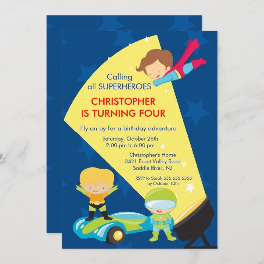 Superheld Birthday Party Invitation Kaart (Voorkant / Achterkant)