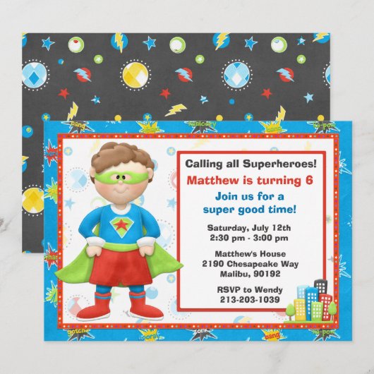 Superheld Birthday Party Invitation Kaart (Voorkant / Achterkant)