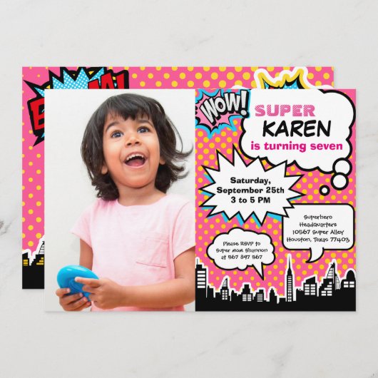 Superheld Birthday Party Invitation Kaart (Voorkant / Achterkant)