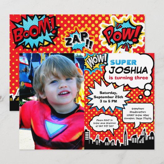 Superheld Birthday Party Invitation Kaart (Voorkant / Achterkant)