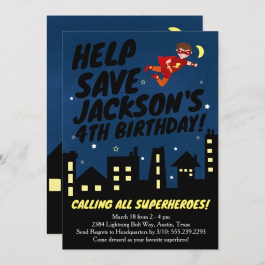 Superheld Birthday Party Invitation Kaart (Voorkant / Achterkant)