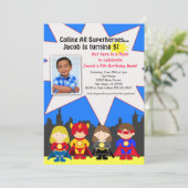 Superheld Birthday Party Photo Invitation Kaart (Staand voorkant)